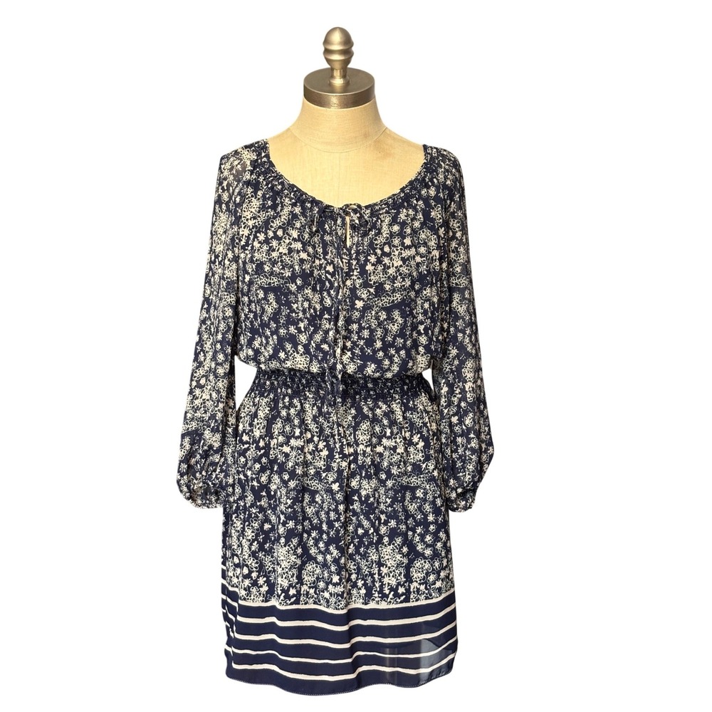 Max Studio‎ XS Navy Blue Floral Dress Long Sleeve Smocked Waist Boho Peasant